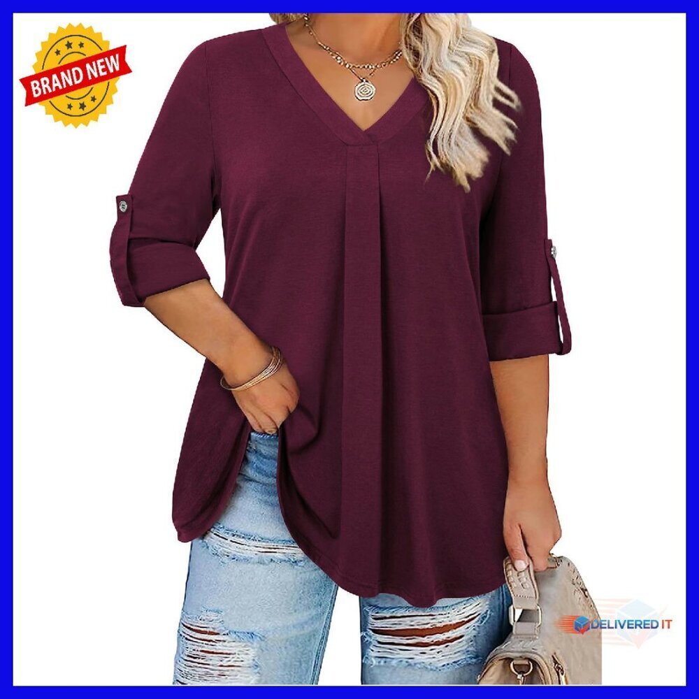 Plus Size V-Neck Tunic Top Stretch-Knit Fabric Loose Fit Blouse